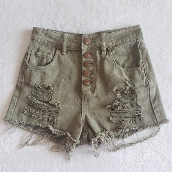 COTTON ON The Flashback High Rise Distessed Button Fly Olive Green Short SZ 4 - Picture 6 of 15